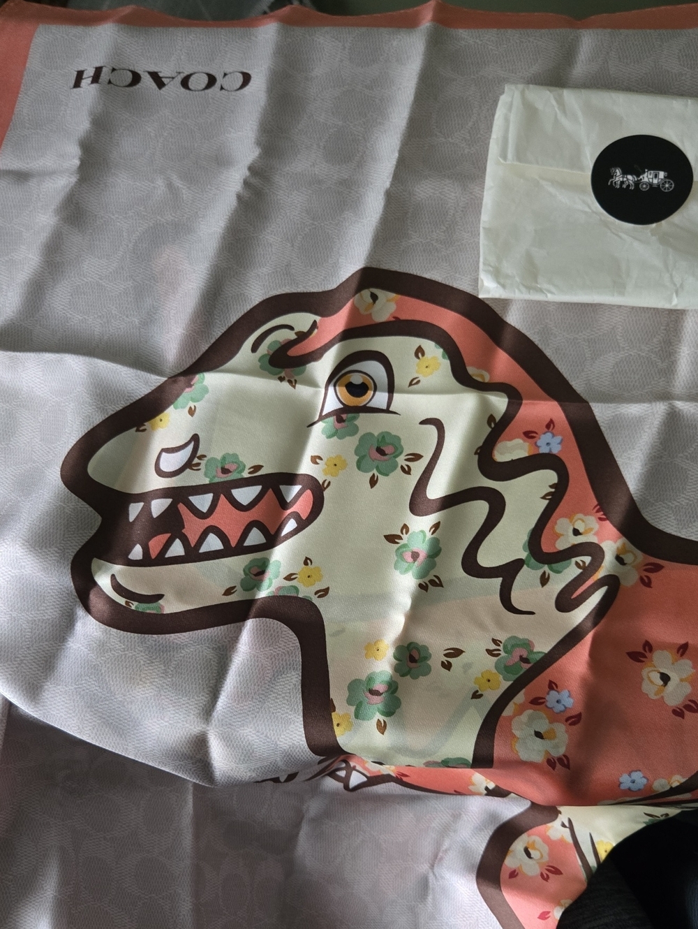🚫 Sold 🚫 Coach Floral Dinosaur Silk Scarf in Coral, Cream and Mint